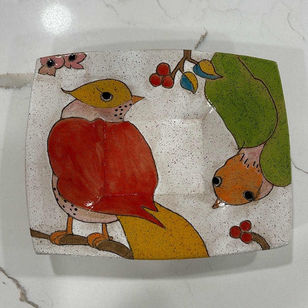 Pottery Artist Signed Bird Design Colorful Rectangle Dish/Tray